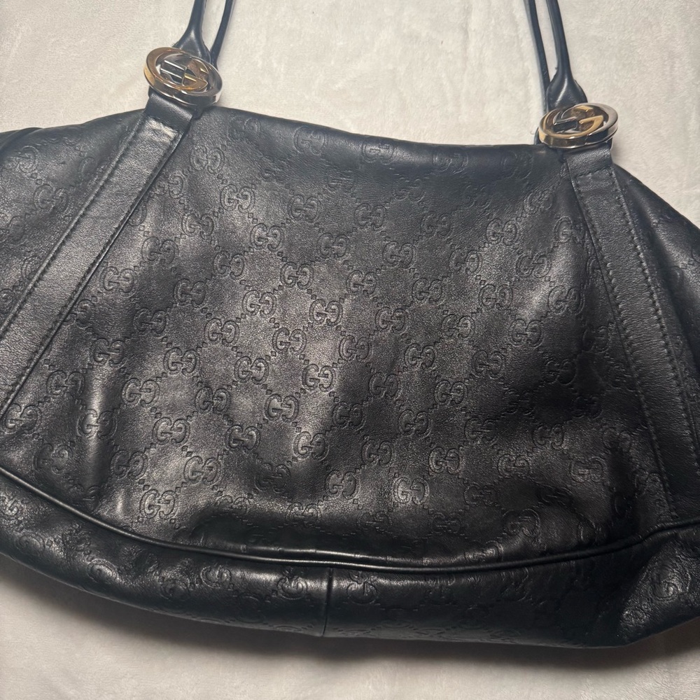 Auth. Gucci Guccissima GG Monogram Black Leather Shoulder Bag, East West Style - Picture 2 of 15